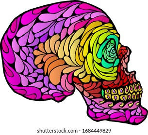 Silhouette icon of colorful human skull in psychedelic pattern for Halloween concept. Vector illustration.