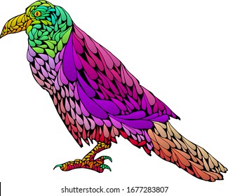 Silhouette icon of a colorful raven bird in psychedelic pattern. Vector illustration.
