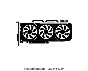 Silhouette Icon of Computer Graphics Card GPU – Black and White Illustration of Gaming Hardware with Three Cooling Fans, PCIe Connector, and Power Ports – Minimalist Symbol of Technology, Computing, and High‑Performance Rendering