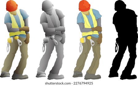 Silhouette icon of construction worker with hard hat and safety vest look downward, isolated against white. Vector illustration.