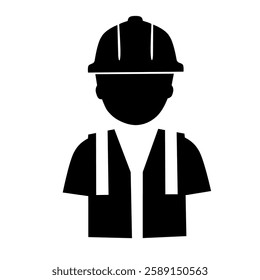 Silhouette icon of a construction worker wearing a hard hat and safety vest. Suitable for industry, engineering, safety, and labor-related concepts