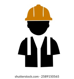 Silhouette icon of a construction worker wearing a hard hat and safety vest. Suitable for industry, engineering, safety, and labor-related concepts