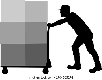 Icono de silueta de un mensajero empujando una carreta de cajas de mercadería. Ilustración vectorial. 