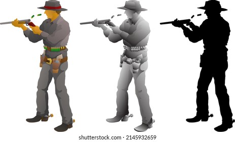 Silhouette Icon Of Cowboy Gunman Shooting His Shotgun, Isolated Against White. Vector Illustration.