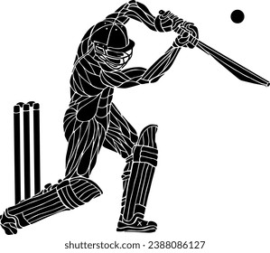 Silhouette icon of a cricket batsman hit a ball, isolated against white. Vector illustration.