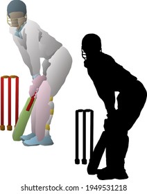 Silhouette Icon Of A Cricket Batter Sportsman At The Wicket Stump. Vector Illustration.