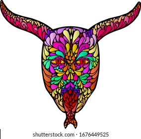 Silhouette icon of a devil head with big horn and forked tongue in psychedelic pattern for Halloween concept. Vector illustration.
