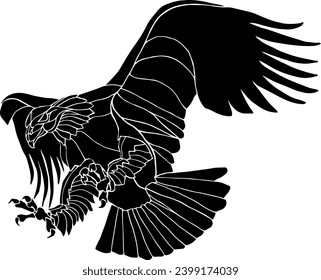 Silhouette icon of an eagle swoop from the sky with open talon, isolated against white. Vector illustration.