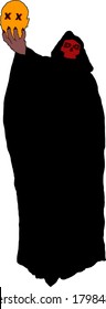 Silhouette icon of a eerie Grim Reaper holding a severed human head for Halloween concept. Vector illustration. 