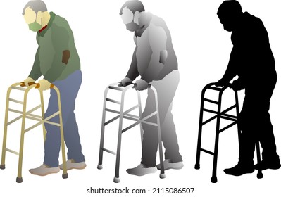 Silhouette Icon Of Elderly Man Supported By A Walker Frame. 