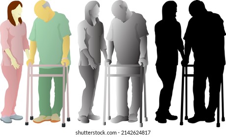 Silhouette icon of elderly man walk with a walker frame under the care of a female hospital nurse. Vector illustration. 