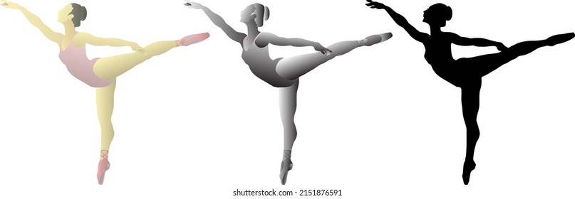Silhouette icon of female ballerina maintain the Arabesque ballet pose, isolated against white.  Vector illustration.