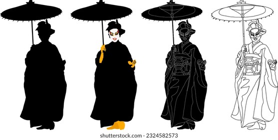 Silhouette icon of female Japanese Kabuki performer in kimono with painted face holding an umbrella, isolated against white. Vector illustration.