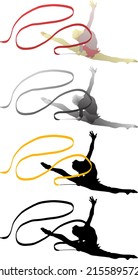 Silhouette icon of female rhythmic gymnast perform a flying split with the ribbon apparatus, isolated against white. Vector illustration.