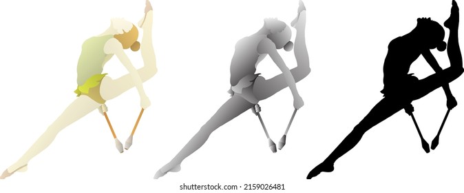 Silhouette icon of female rhythmic gymnast perform a flying split while holding the club apparatus, isolated against white. Vector illustration.