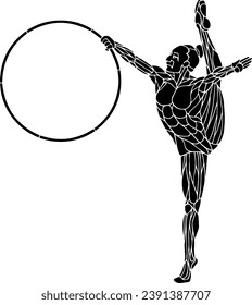 Silhouette icon of a female rhythmic gymnast balance on one leg with the hoop apparatus, isolated against white. Vector illustration.