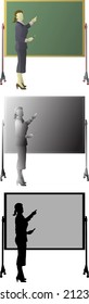 Silhouette icon of female school teacher lecturing in front of a blank blackboard. Vector illustration.