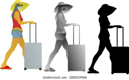 Silhouette icon of female traveler wearing sunglasses, hat and facemask rolls a luggage bag. Vector illustration.