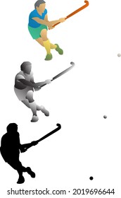 Icono de silueta del jugador de hockey de campo golpea una pelota con palos de hockey. Ilustración vectorial.