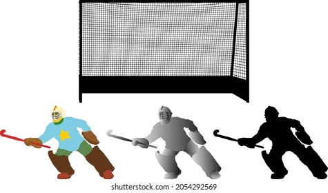 Icono de silueta del portero del jugador de hockey de campo con bastón de hockey y puesto de gol. Ilustración vectorial.