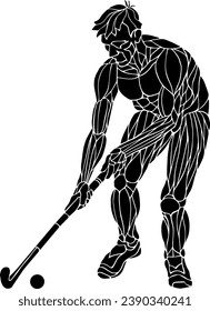 Silhouette icon of a field hockey player dribble a ball with a hockey club, isolated against white. Vector illustration.