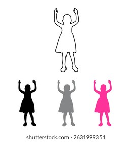 silhouette icon of a girl dancing raising both hands, line icon, black, dark white and pink colors