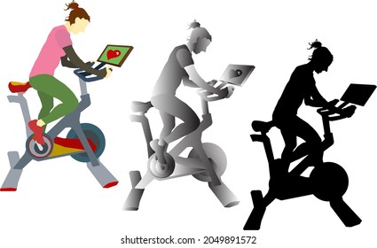 Silhouette icon of girl exercise on a stationary bicycle machine. Vector illustration.