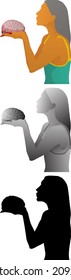 Silhouette icon of girl holding a brain in her hand for the concept of offering her mind. Vector illustration. Vector illustration.