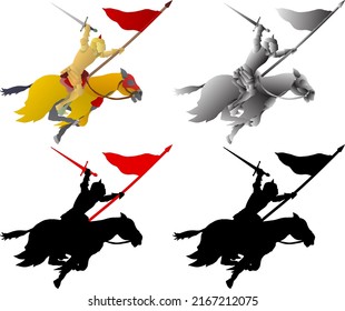 Silhouette icon of golden medieval knight charging into battle on a warhorse holding a broadsword and flag, isolated against white. Vector illustration. 