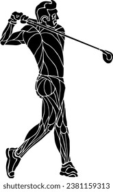 Silhouette icon of a golfer swinging his golf club, isolated against white. Vector illustration.