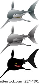 Silhouette icon of great white shark, isolated against white. Vector illustration. 