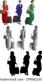 Silhouette icon of group of airline flight attendants with hand-luggage cabin bag. Vector illustration.