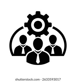 Silhouette icon of a group of people with a gear. This design features white graphics on a transparent background, a valuable asset for designers.