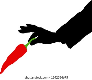 Silhouette icon of a hand delivering a red spicy chili pepper. Vector illustration.