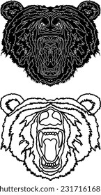 Silhouette icon of the head of snarling bear showing its fangs, isolated against white. Vector illustration.