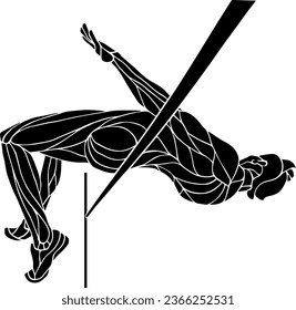 Silhouette icon of a high jumper athlete leap over a high jump bar, isolated against white. Vector illustration.