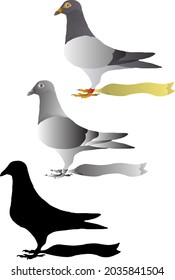 Silhouette icon of homing pigeon bird with blank message note tagged to its feet. Vector illustration.