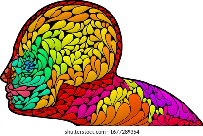 Silhouette icon of a human head in psychedelic pattern. Vector illustration.