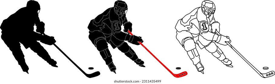 Silhouette icon of ice hockey player hit a hockey puck, isolated against white. Vector illustration. 