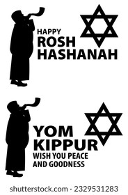 Silhouette icon of Jewish man blowing the Shofar ram’s horn on Rosh Hashanah and Yom Kippur, vector illustration
