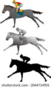 Silhouette icon of jockey straddling a sprinting racehorse. Vector illustration.