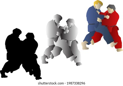 Silhouette icon of Judo pugilist grapple in a fight. Vector illustration.