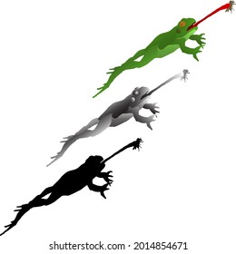 Silhouette Icon Of Jumping Frog Catching A Fly With Its Tongue. Vector Illustration.