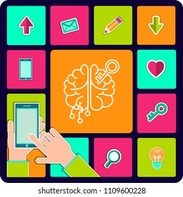 Silhouette icon key to brain. Artificial Intelligence.