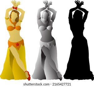 Silhouette Icon Of Lady Belly Dancer In An Exotic Pose, Isolated Against White. Vector Illustration.