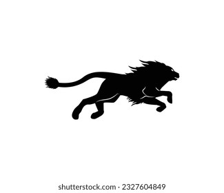 silhouette icon logo design of lion is running fast.