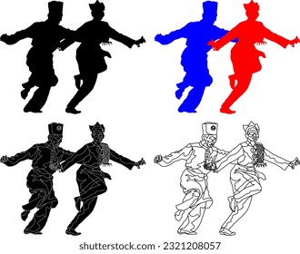 Silhouette icon of Malay cultural dancers perform the Zapin folk dance move, isolated against white. Vector illustration.