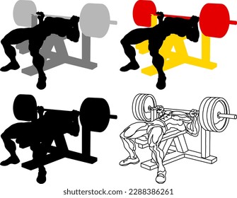 Silhouette icon of male body builder athlete perform the bench press exercise with barbells, isolated against white. Vector illustration.