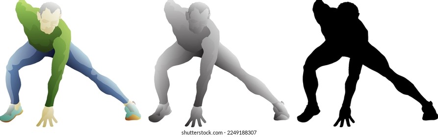 Silhouette icon of male fitness trainer performing the side straddle lunge exercise workout, isolated against white. Vector illustration.