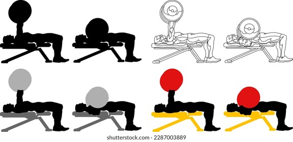 Silhouette icon of male fitness trainer performing the bench press exercise with barbells for chest muscle strength, isolated against white. Vector illustration.